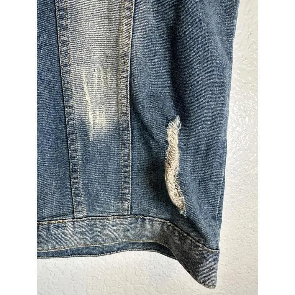 Distressed Denim Motorcycle Jacket Ripped Slashed Patched